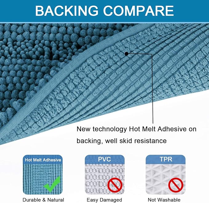 H.VERSAILTEX Bath Rugs for Bathroom Non Slip Bath Mats Extra Thick Chenille Striped Rug 20" x 32" Absorbent Non Skid Fluffy Soft Shaggy Washable Plush Mat for Indoor, Bath Room, Tub - Turquoise Blue