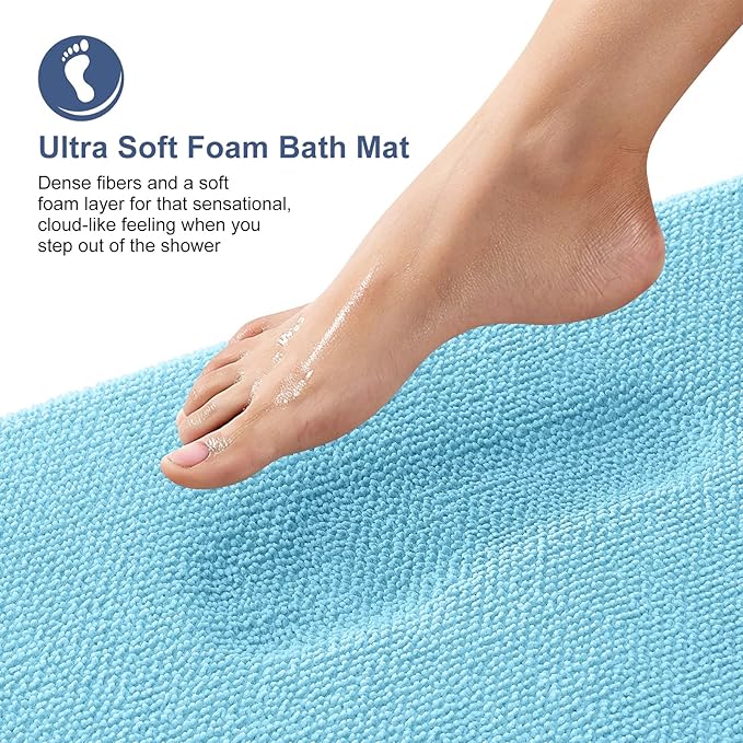 OLANLY Thick Memory Foam Bath Mat Rug 36x24, Extra Soft Absorbent Bathroom Rug, Quick Dry Bath Mats, Non-Slip, Machine Washable Carpet for Bathroom, Tub and Shower, Home Decor Accessories, Sky Blue