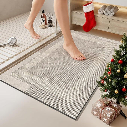 Non Slip Bath Mat, Rubber Backing Ultra Thin Bathroom Rugs Fit Under Door Quick Dry Super Absorbent Washable Bath Rug Shower Mat for Bathroom Floor Bathtub Shower Sink, Easy Care Beige 16"x 24"