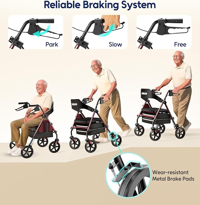 Walkers for Seniors Rollator Walkers with Seat, 350lb Capacity with Cup Holder & Cane Holder, 8'' All Terrain Wheels, Adjustable Handles and Seat Height, Foldable Design, Burgundy