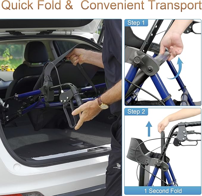 Rollator Walkers with Seat for Seniors, Foldable 8" Big Wheels All Terrain Rolling Walker, Handles and Ergonomic Seat Height Adjustable, 350lb Weight Capacity