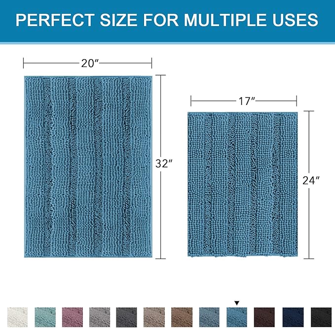 H.VERSAILTEX Turquoise Bathroom Rug, 2 Piece Bathroom Rug Set Slip-Resistant Extra Absorbent Soft and Fluffy Thick Striped Bath Mat Shag Floor Mat(Turquoise Blue, 20" x 32"/17" x 24")