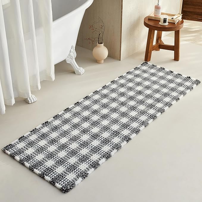 Waffle Runner Rug Bathroom, Long Boho Bathroom Rugs Non Slip Washable Absorbent Checkered Bathroom Mat Quick Dry Farmhouse Bath Mat, 72"x24" Black and White