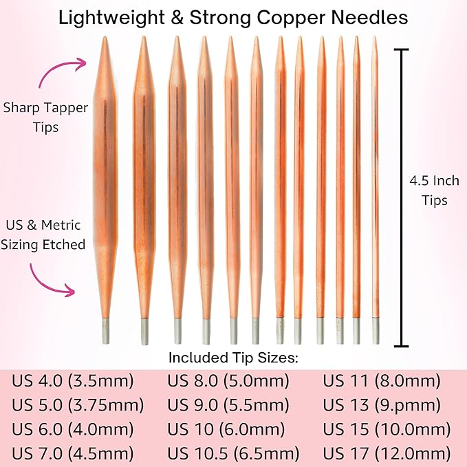 Lykke Cypra 5 in. Complete Set US Sizes US 3, 4, 5, 6, 7, 8, 9, 10, 10.5, 11, 13, 15 Interchangeable Circ. Knitting Needles for DK, Worsted, Chunky Yarns, Copper, 5 Cords, Black VS Case, Project Bag