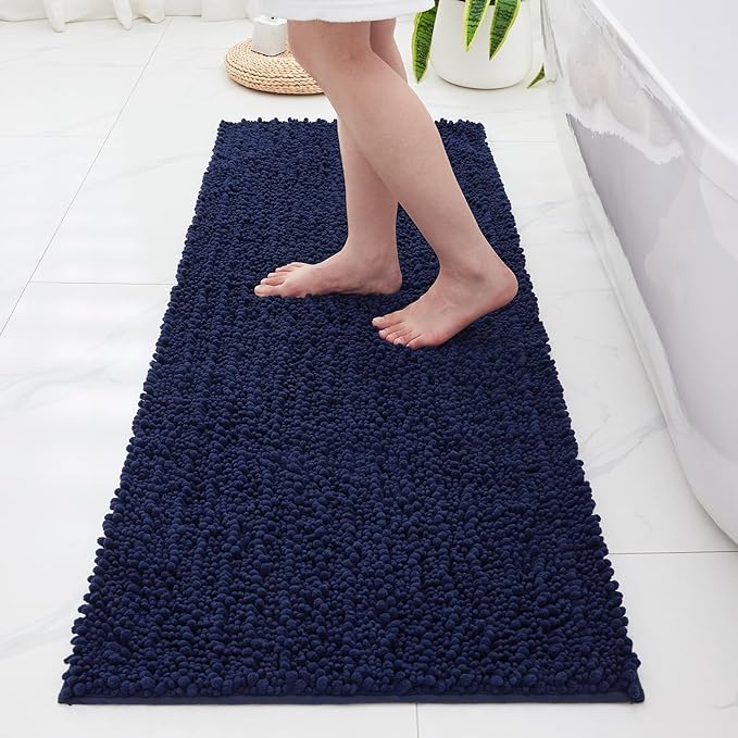 Non Slip Bathroom Rug Machine Washable Thick Navy Bath Mat 24x44 Soft Absorbent Bathroom Floor Mat Chenille Bath Rug for Shower Tub