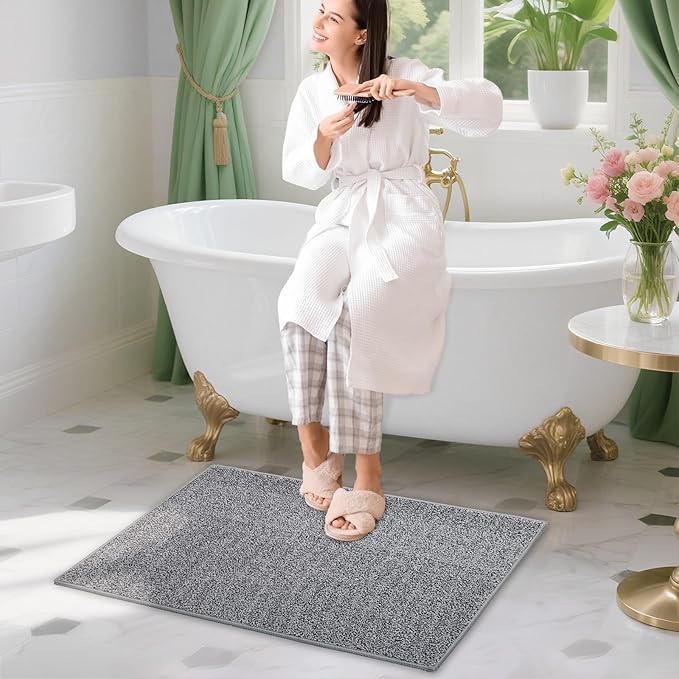 HDFK Bath Mat Non Slip 24x16 Inches Bathroom Rugs 2 Tone Soft Chenille Medium Pile TPR Backing | Absorbency Solid Black White | Shower Rug for Sink Area Wet Dry Transition Stain Resistant Decor