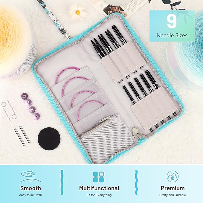 Aeelike Interchangeable Knitting Needles Set, 9 Pairs Circular Knitting Needles Aluminum (Size 3.0mm-8.0mm) with 4 Cables Accessories and Cute Storage Case for Socks Blankets Cushions, Ideal Gift