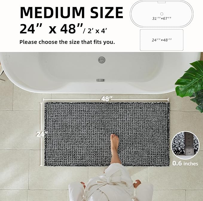 Black and White Bathroom Rugs, Waffle Bath Mat Non Slip Washable Super Absorbent Quick Dry Boho Farmhouse Bathroom Decor, 48"x24" Black and White