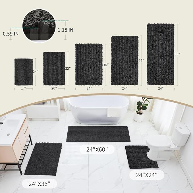 Bathroom Runner Rug 24x70 Non Slip Washable Long Bath Mat for Tub Thick Soft Absorbent Bathroom Floor Mat Large Chenille Bath Rug for Shower, Dark Grey