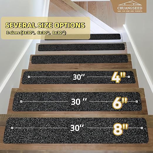 CHUANGSEED 12-Pack Non-Slip Stair Traction Tape 4''x30'' -80 Grit Outdoor Treads Grip Tape- Waterproof Heavy Duty Anti Skid Strips for Steps,Deck,Staircase
