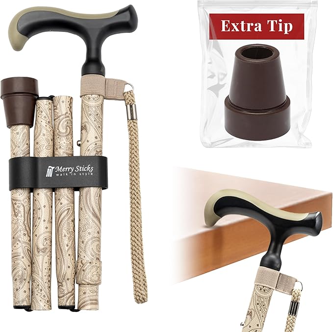Merry Sticks Lightweight Foldable Walking Canes for Women and Men, Adjustable & Collapsible Walking Stick for Seniors, Non-Slip Ergonomic Handle with 1 Extra Replacement Cane Tip – Vintage Paisley