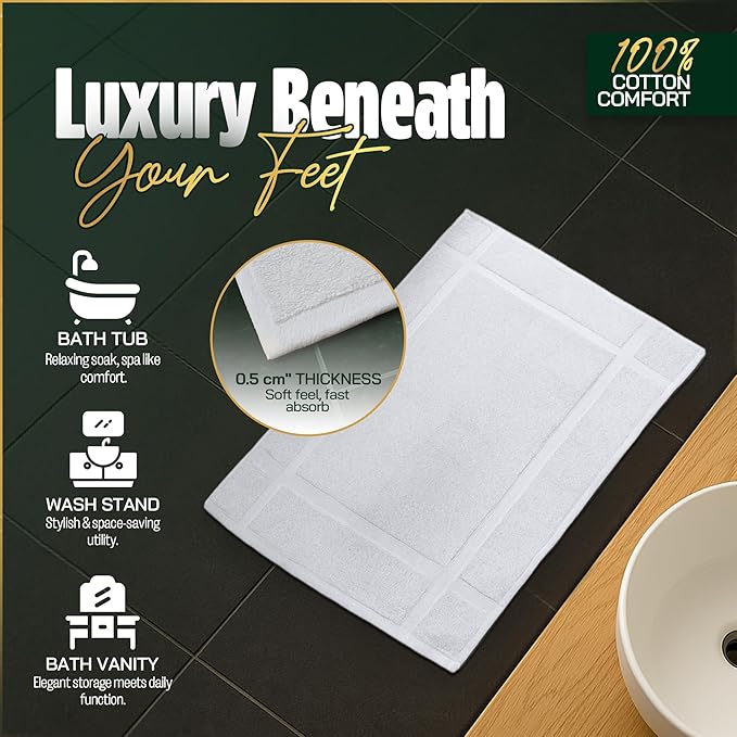 Pearl Linens Pack of 2 100% Cotton Bath Mat 18x25 inches, Soft & Absorbent Quick Dry Bathroom Mat Set, Not Bathroom Rugs, After Shower Mat, Bath Tub Mat, 687 GSM, Machine Washable, White