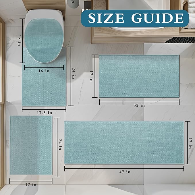 YIHOUSE Blue Bathroom Rug Sets 5 Piece, Bathroom Mat Quick Dry, Thin Bath Rug Set,Absorbent Bath Mat for Bathroom Non Slip Washable for Toilet and Floor