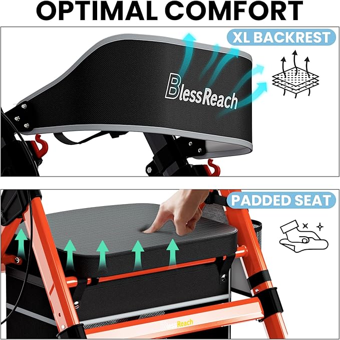Foldable Rollator Walkers with Seat for Seniors, 450 lb Capacity, 8'' Wheels, 18" Big Seat, 6-Position Adjustable Height, Heavy-Duty Aluminum Rolling Walker (Red)