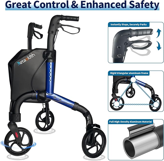 Lightweight 3 Wheel Rollator Walker for Seniors, Foldable Aluminum Mobility Aid with Storage Bag, Easy-Fold Walking Support for Elderly Balance & Rehabilitation