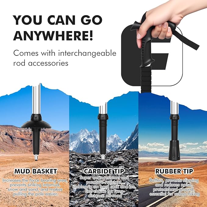 Telescopic Walking Cane 43 Inch with Anti-Shock & T-Grip Handle - 7075 Aluminum Quick Lock Trekking Pole, Ultralight for Hiking, Camping, Mountaineering