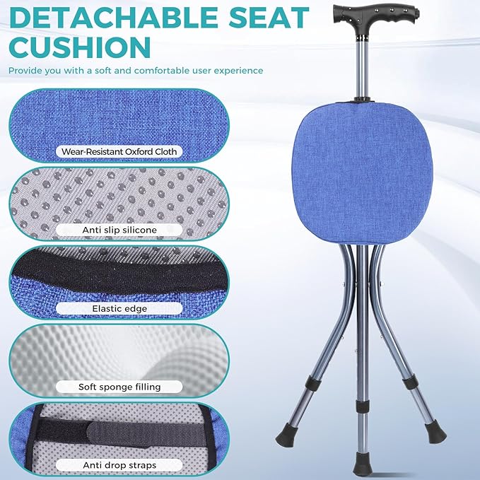 Portable Adjustable Folding Walking Cane with Seat and Cushion，Cane seat for Seniors with Magnetic Massage Handle, Lightweight Walking Cane with LED Light，Supports up to 330 Pounds