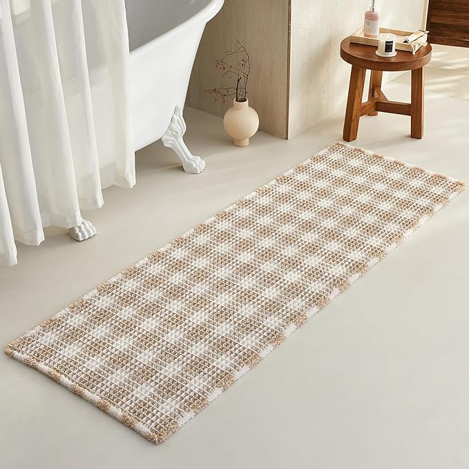 Waffle Runner Rug Bathroom, Long Boho Bathroom Rugs Non Slip Washable Absorbent Checkered Bathroom Mat Quick Dry Farmhouse Bath Mat, 72"x24" Khaki and White