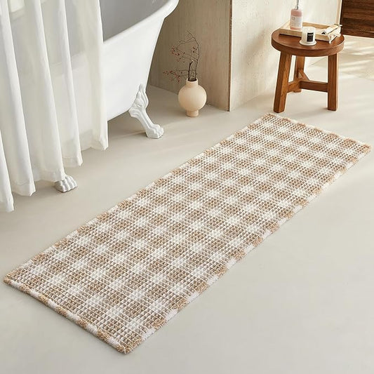 Waffle Runner Rug Bathroom, Long Boho Bathroom Rugs Non Slip Washable Absorbent Checkered Bathroom Mat Quick Dry Farmhouse Bath Mat, 72"x24" Khaki and White