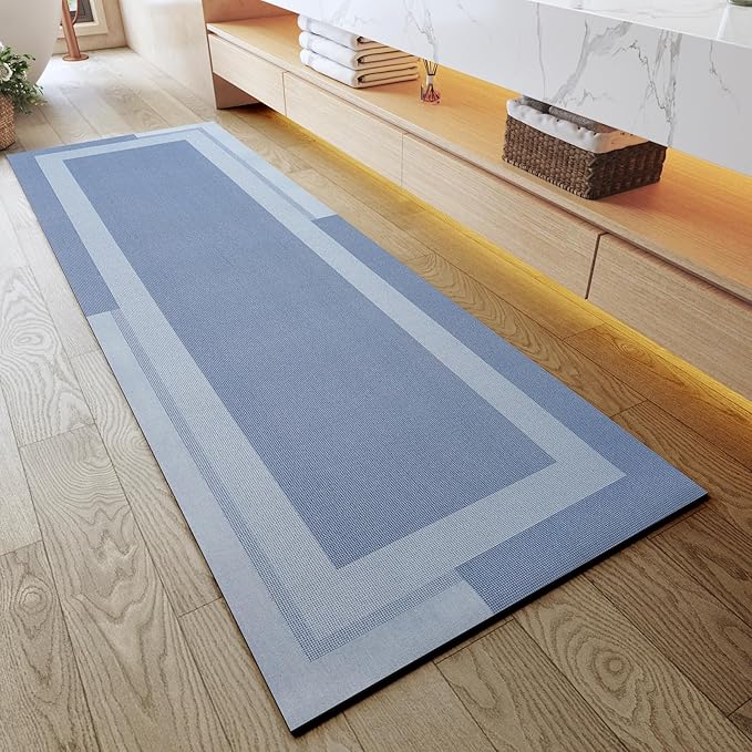 Extra Long Non Slip Bathroom Runner Bath Mat, Rubber Backing Ultra Thin Bath Rug Fit Under Door Quick Dry Super Absorbent Washable Shower Mat for Bathroom Floor Bathtub Sink, Blue 24"x70"