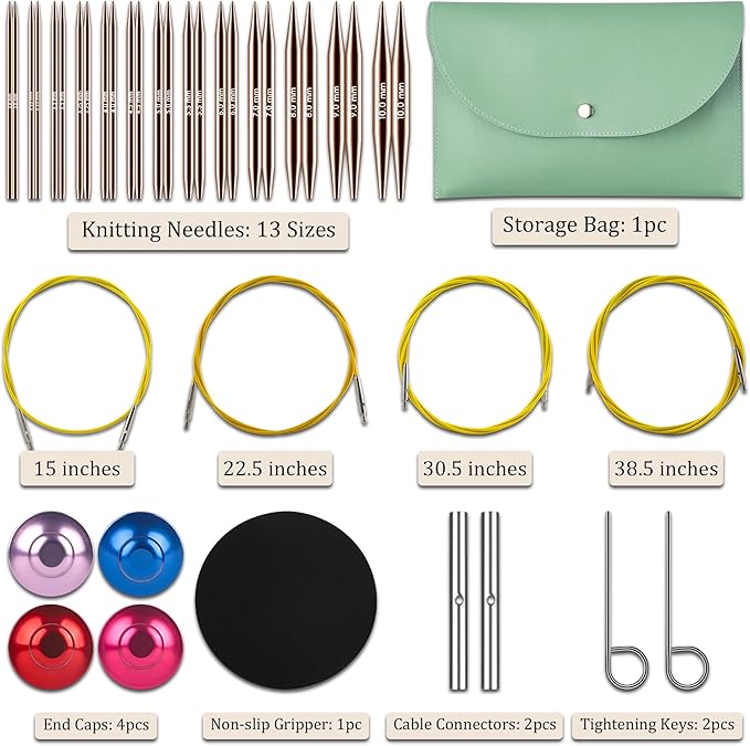 KoovDem Interchangeable Circular Knitting Needles Set - 13 Pairs | Premium Aluminum Needles & Accessories | Rose Gold