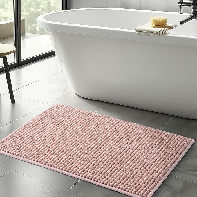 FRESHMINT Thick Chunky Chenille Bathroom Rugs 24"x36", Non Slip Bath Mat for Bathroom Floor, Large Soft Bathroom Decor Accessories, Cute Shower Mat Water Absorbent, Washable, Dusty Pink