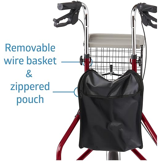Medline 3-Wheel Ultralight Rollator, Steel Frame, Includes Wire Basket and Storage Bag, Supports up to 275 lbs, 8" Wheels, Burgundy
