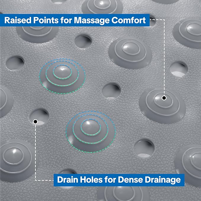 MABOZOO Non Slip Shower Mat, 48 * 31.5 Inch Extra Large Bathtub Mat with with Foot Scrubber, Bathmat with Antislip Suction Cups and Drain Holes for Bathroom Floor, Gray