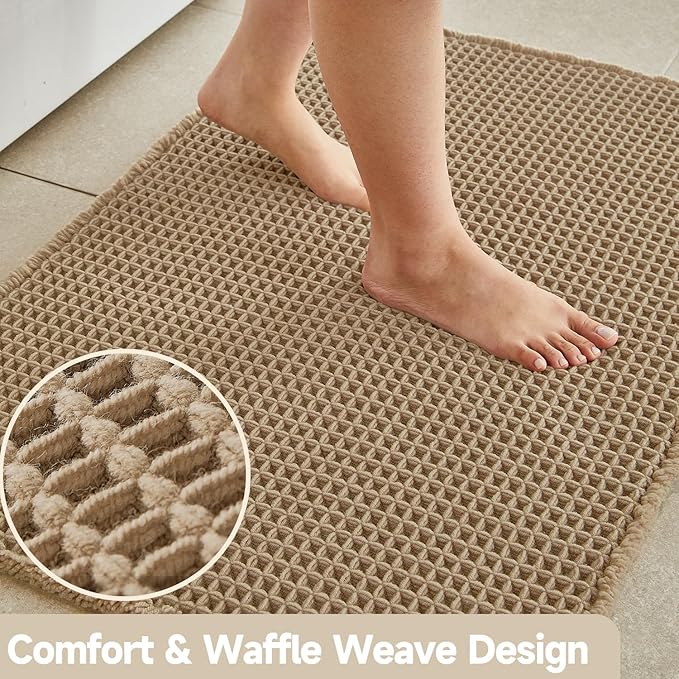Waffle Bath Mat, Boho Bathroom Rugs Non Slip Washable Super Absorbent Quick Dry Farmhouse Bathroom Decor, 48"x24" / 4'x2' Khaki
