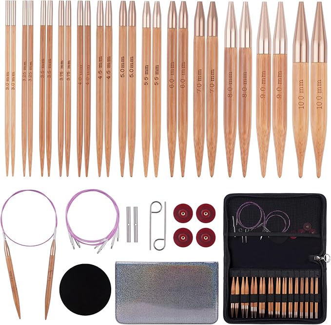 Weabetfu Knitting Needles Set with Bamboo Circular Knitting Needle 13 Pair Interchangeable Knitting Needles and Cables, Accessories and Case Perfect for Beginner, DIY Crafts