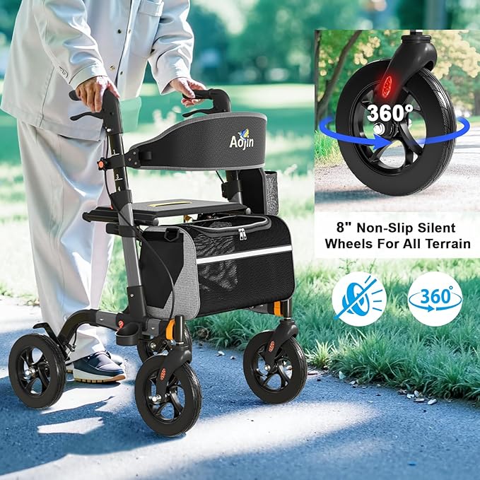 Walkers for Seniors, Rollator Walker with Seat, 350 lb Weight Capacity, 18" Big Seat, 8" All-Terrain Wheels, 6-Level Adjustable Height, Lightweight Aluminum Frame Rollator Walkers for Seniors (Gray)