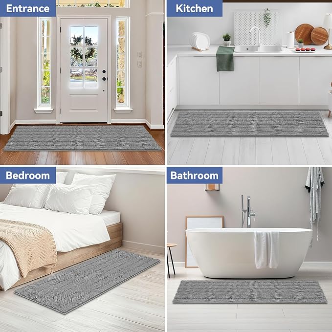 Bcoimo 70"×24" Chenille Bath Mat – Non-Slip with Backing Bath Rug Ultra-Absorbent and Machine Washable Bathroom Mat Quick-Dry Design. Ideal for Bathroom and Tub Areas