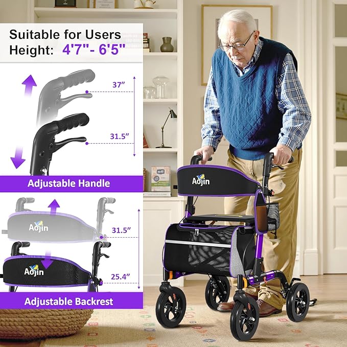 Walkers for Seniors, Rollator Walker with Seat, 350 lb Weight Capacity, 18" Big Seat, 8" All-Terrain Wheels, 6-Level Adjustable Height, Lightweight Aluminum Frame Rollator Walkers for Seniors (Purple)