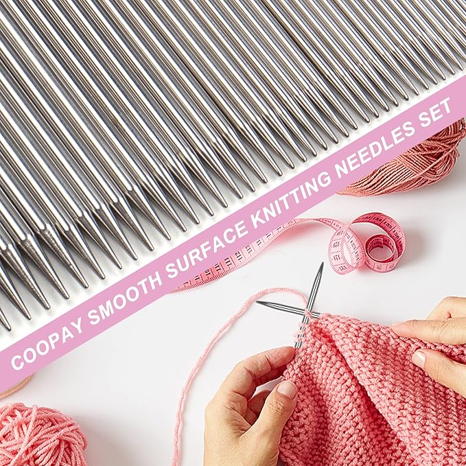 Coopay 55PCS Double Pointed Knitting Needles 7.9", Short Stainless Steel Knitting Needles Set 2.0-6.0mm Knitting Kit, Straight DPN Sock Needles Knitting Set Sweater Needle Set with Pack & Gauge