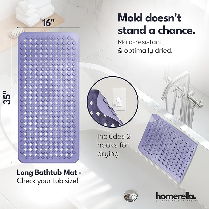 homerella® Bathtub Mat Non Slip 35x16, Incl. Hooks for Drying, Extra Long, 100% BPA Free, Shower Mat Non Slip Anti Mold, Machine Washable, Shower Mats for Inside Shower Mildew Resistant