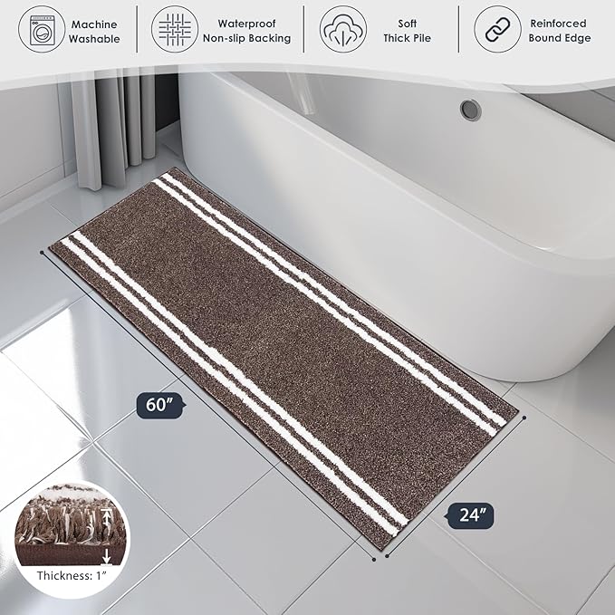 PURRUGS Bathroom Rug Non-Slip Machine Washable 24" x 60", Super Absorbent and Quick Dry Shaggy Microfiber Bath Mat, Extra Soft and Plush Bath Rug for Bathtub, Shower and Sink, Brown