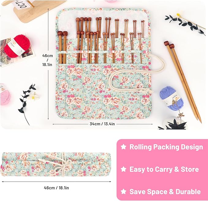 Aeelike 18 Pairs Bamboo Knitting Needles Set - 14 Inches Wooden Knitting Needles Single Point with Flower Roll Bag - Portable Knittings Needle Set for Beginners (2mm - 10mm)