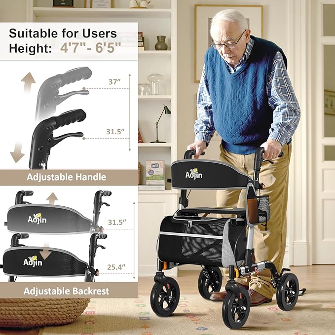 Walkers for Seniors, Rollator Walker with Seat, 350 lb Weight Capacity, 18" Big Seat, 8" All-Terrain Wheels, 6-Level Adjustable Height, Lightweight Aluminum Frame Rollator Walkers for Seniors (Silver)