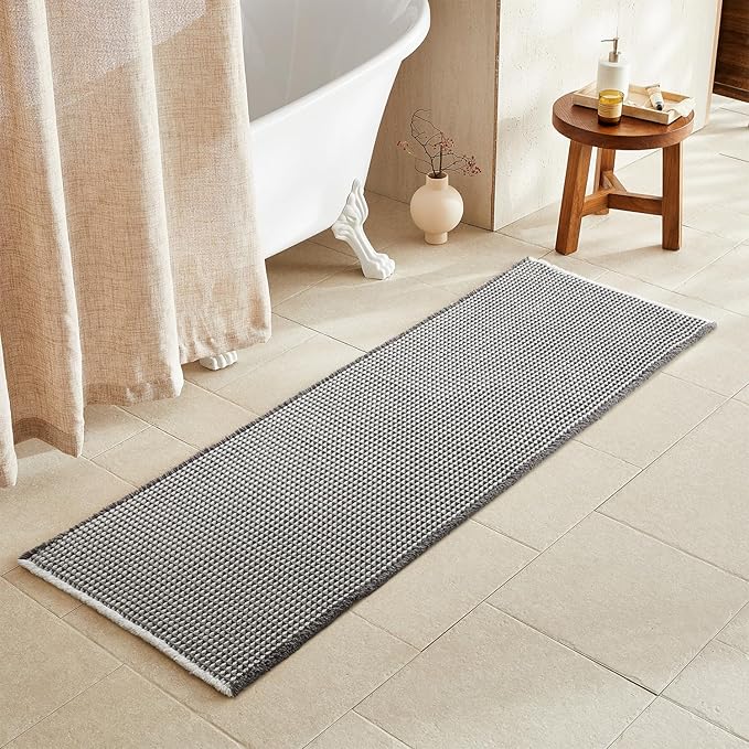Waffle Runner Rug Bathroom, Long Boho Bathroom Rugs Non Slip Washable Super Absorbent Quick Dry Farmhouse Bath Decor, 72"x24" Grey and White