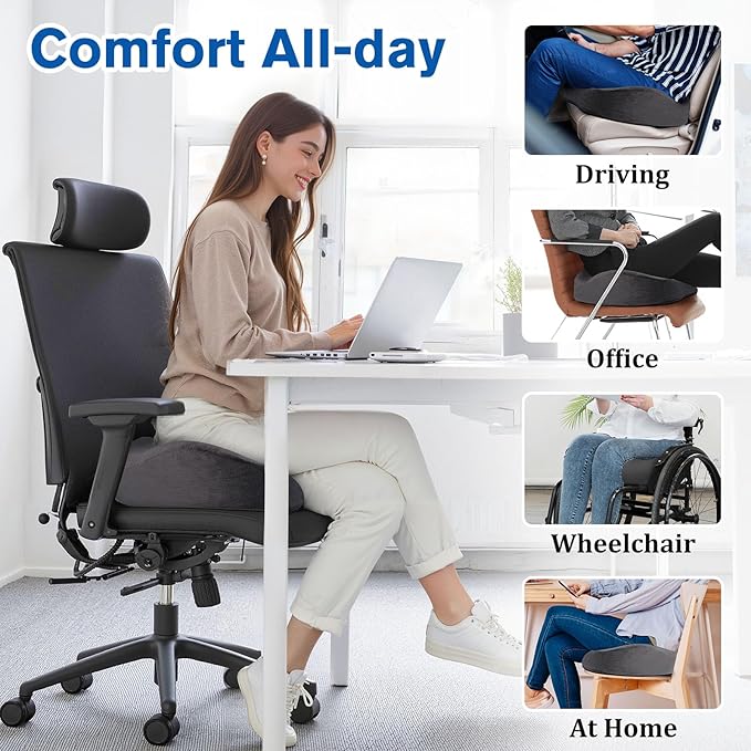 Seat Cushion, Gel Chair Cushions, Office Chair Cushions, Anti-Slip Bottom & Removable Cover Tailbone Pain Relief Cushion, Memory Foam Seat Cushion for Office, Wheelchair, Car (Grey)