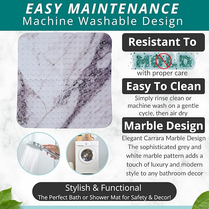 ENKOSI Extra Large Square Non Slip Shower Mat - 31 x 31-inch XL Bathroom Shower Mat - Square Shower Matts for Shower Stall Floors - Secure Suction Cups and Drain Holes (31x31 Marble Grey)