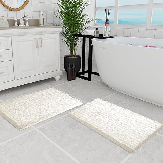 Walensee Bathroom Rug 2 Pieces Set Non Slip Bath Mat (20"x32" Plus 20"x32" Ivory) Water Absorbent Super Soft Shaggy Chenille Machine Washable Dry Extra Thick Perfect Carpet for Shower Floor