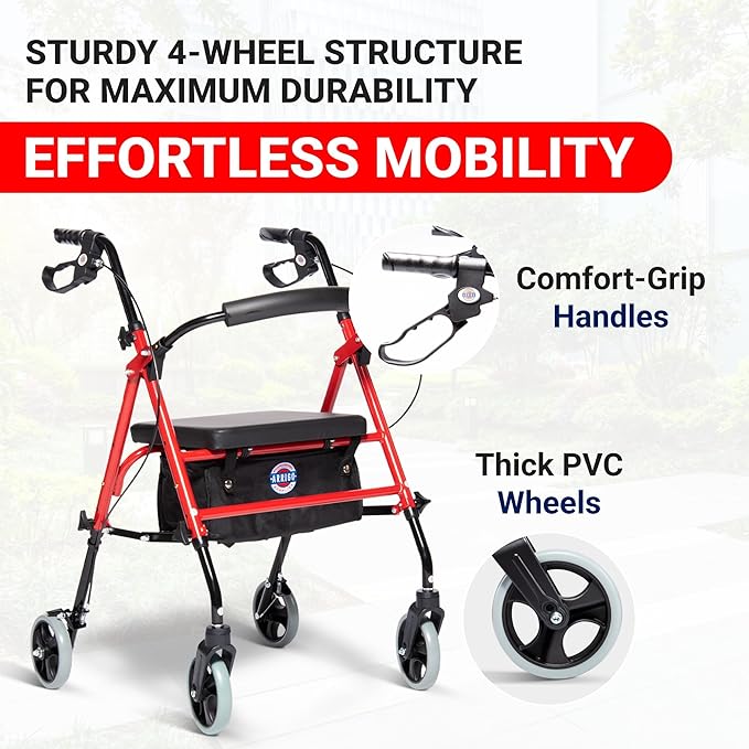 Arrigo Rollator Walker with Large Cushioned Seat – Folding 4-Wheel Steel Rolling Walker with Brakes, Soft Backrest & Zippered Storage – Smooth Ride, Adjustable Height, Supports up to 350 lbs