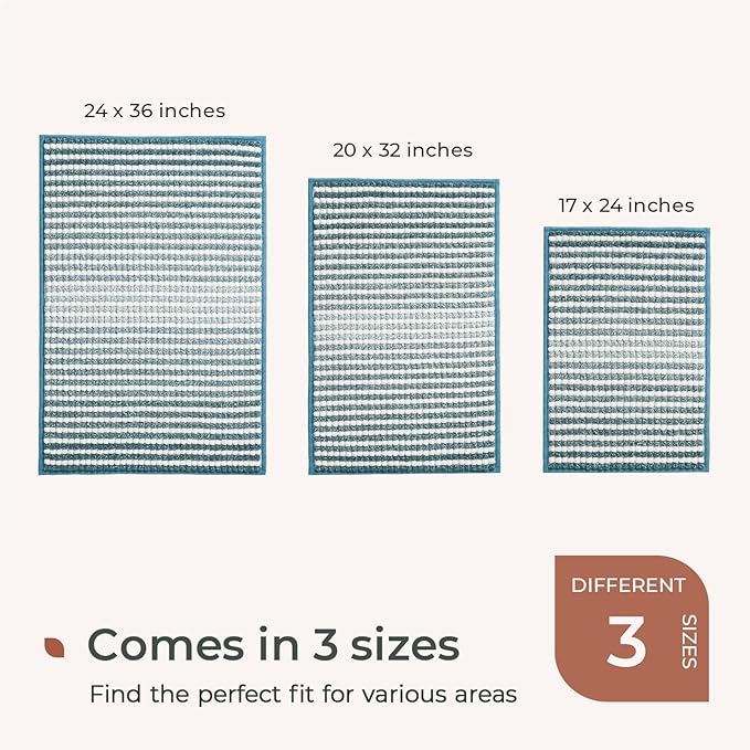 FRESHMINT Chunky Ombre Chenille Bathroom Rug 20"x32", Water Absorbent Soft Bath Rugs for Bathroom Floor, Thick Non Slip Bath Mat Washable Quick Dry Shower Mats, Aqua Blue and White