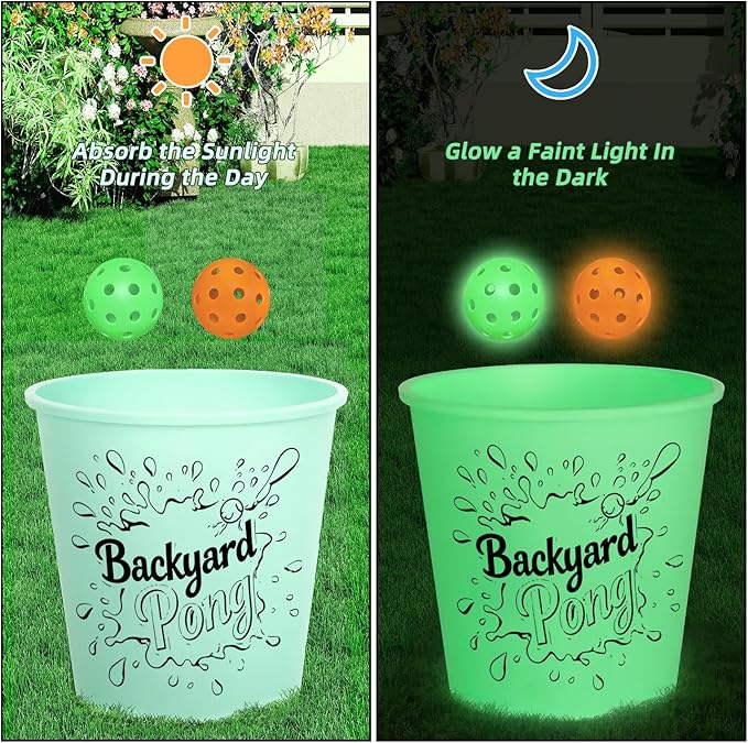 Mostop Yard Pong Outdoor Games Glow in Dark, Giant Yard Game Set with 12 Buckets, 6 Balls and Carrying Bag, Toss Throwing Game for Kids Adults Lawn, Beach, Camping, Tailgating or Backyard Activities