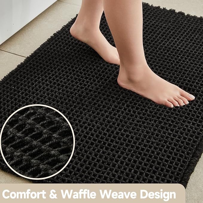 Black Bathroom Rug, Waffle Bath Mat Non Slip Washable Super Absorbent Quick Dry Boho Farmhouse Bathroom Decor, 30"x20" Black
