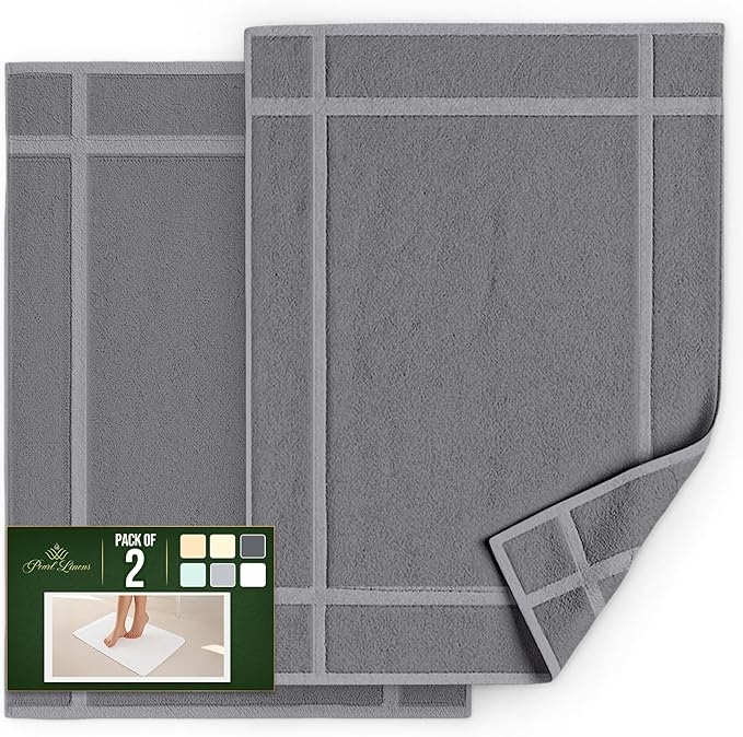 Pearl Linens Pack of 2 Washable Cotton Bath Mat 18x25 - Soft & Absorbent Quick Dry Bathroom Mat Set, Not Bathroom Rugs After Shower Mat, Terry Bath Tub Mat, 687 GSM Light Grey