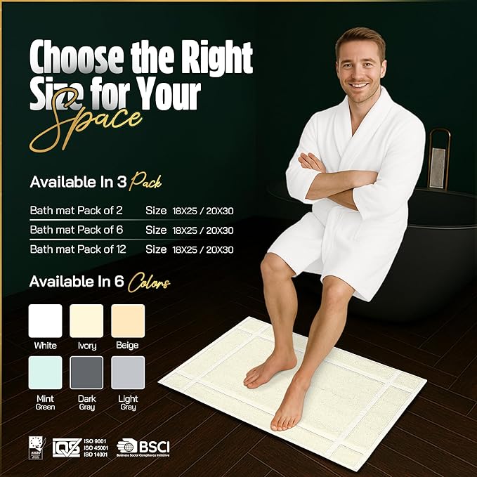 Pearl Linens Pack of 6 100% Cotton Bath Mat 20x30 inches, Soft & Absorbent Quick Dry Bathroom Mat Set, Not Bathroom Rugs, After Shower Mat, Bath Tub Mat, 687 GSM, Machine Washable, Ivory