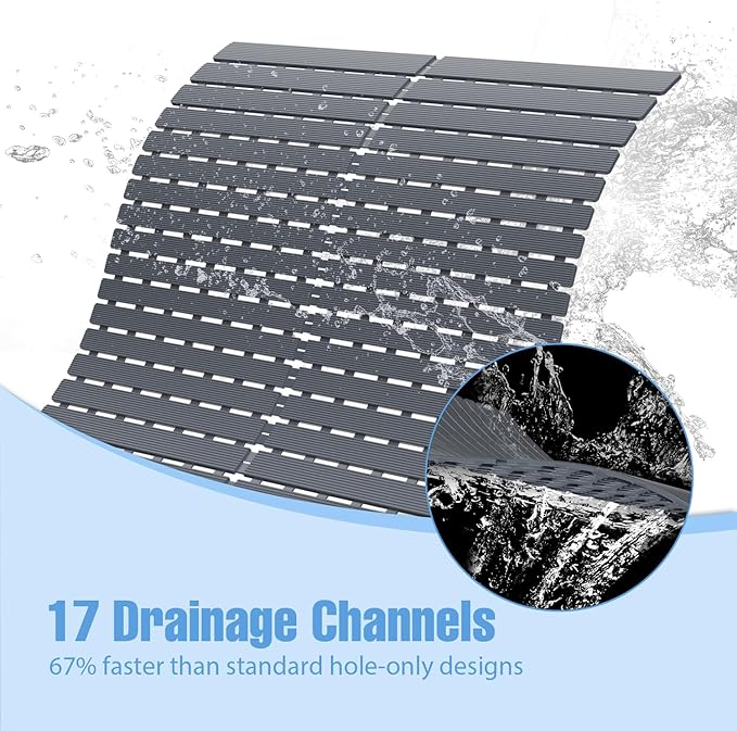 Shower Mat Non-Slip Bath Mat for Tub and Shower Stall,200+ Suction Cups with Drain Holes, Quick Dry Machine Washable, Extra Grip for Elderly and Baby, Bathroom Essentials 24x24 Inch (Light Grey)