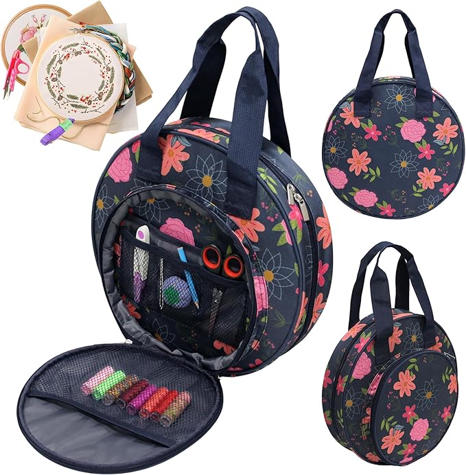 JLDTOP Round Embroidery Project Bag Embroidery Storage Organizer Cross Stitch Bag Floral for Floss, Hoops, Thread, Knitting Tools(Bag Only) (Blue Floral)